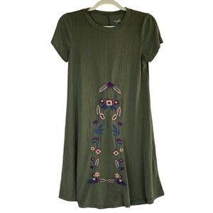 Alya Embroidered T Shirt Dress Medium Olive Green Floral Modal Boho Johnny Style